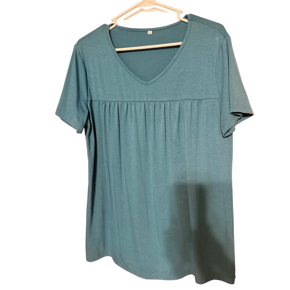 Teal Blue V-Neck Babydoll T-Shirt with Gathered Empire Waist, Size